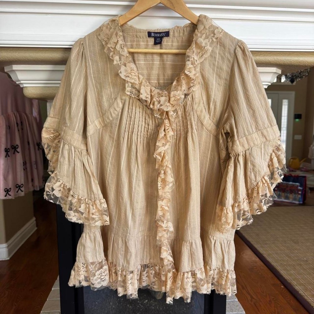 Roaman's Beige Lace & Ruffle Boho Blouse Fairy Boho 14W